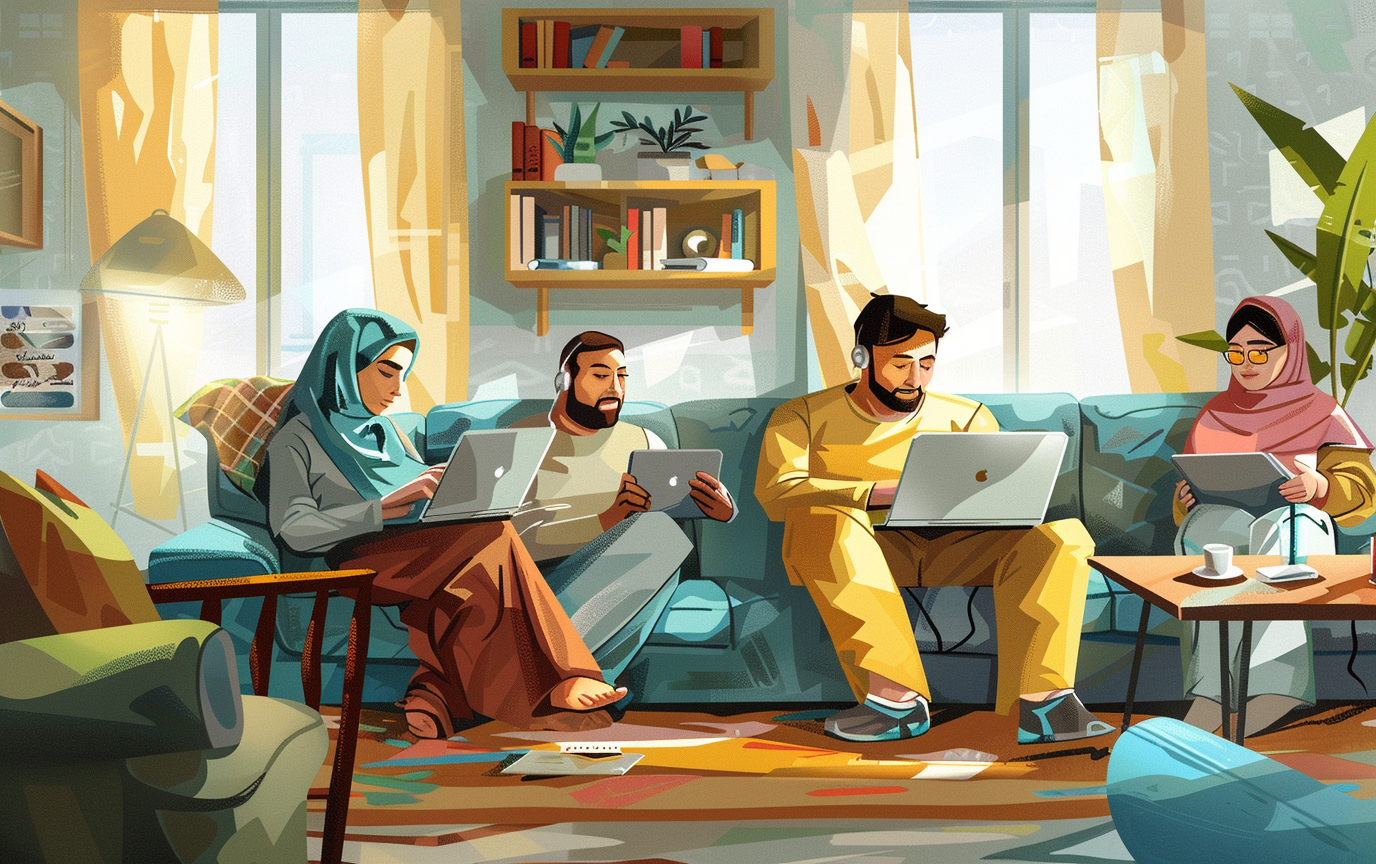 Gulf family using laptop and tablet for online English learning